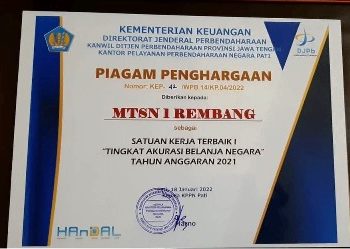 MTsN 1 Rembang Raih Predikat Satker Terbaik I Akurasi Belanja 2021